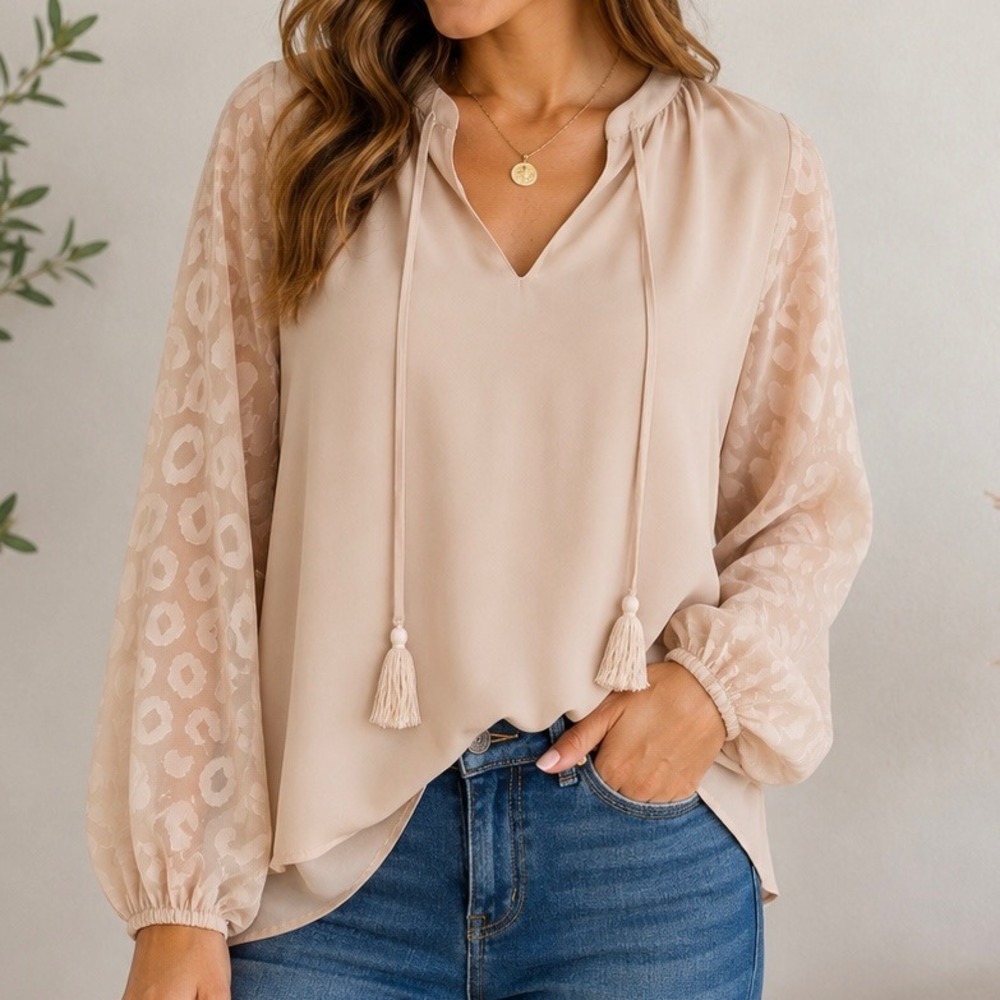 Briley Blush Leopard Burnout Sleeve Tassel Tie Blouse Women's Small Boho Chic